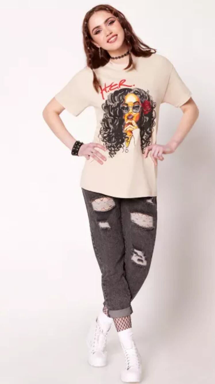 Vintage Style H.E.R Singer Band Tee Graphic Illustration T-Shirt Beige S